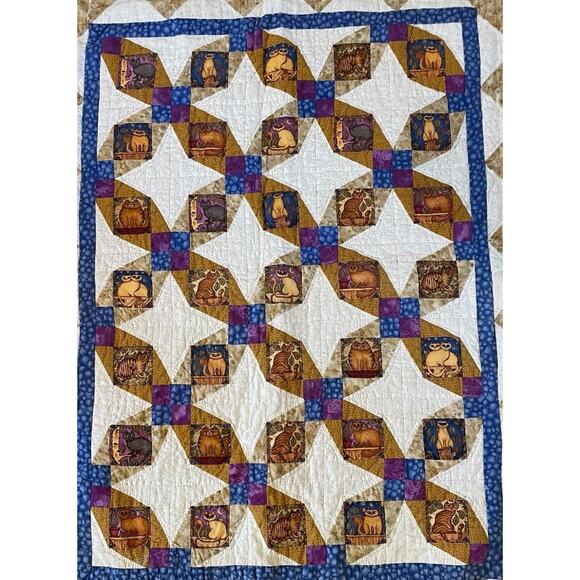 VTG Handmade Quilt Dan Morris Cat Art 1999 Timeless Treasures Folk Art 60x70 - Picture 3 of 12